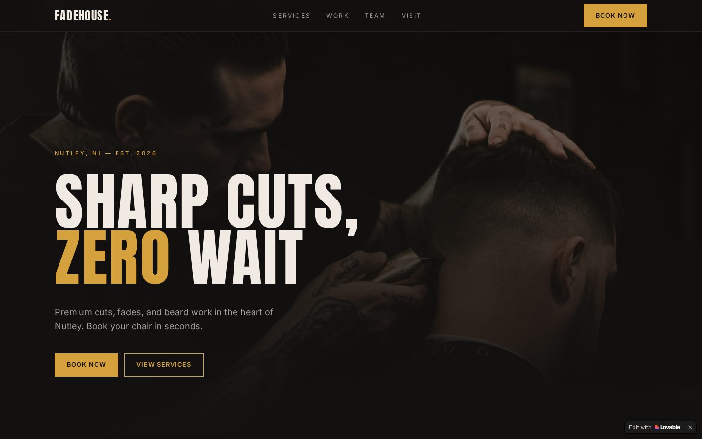 Homepage of the Fadehouse Barber Co. website — Barbershop site by Jei Builds