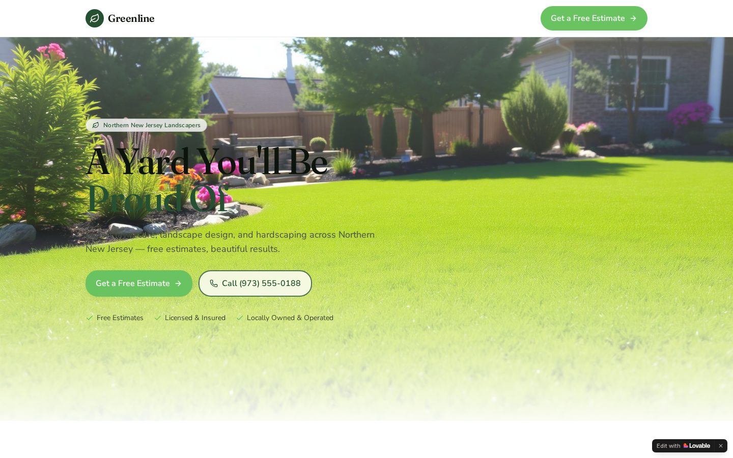 Homepage of the Greenline Lawn & Landscape website — Landscaping site by Jei Builds