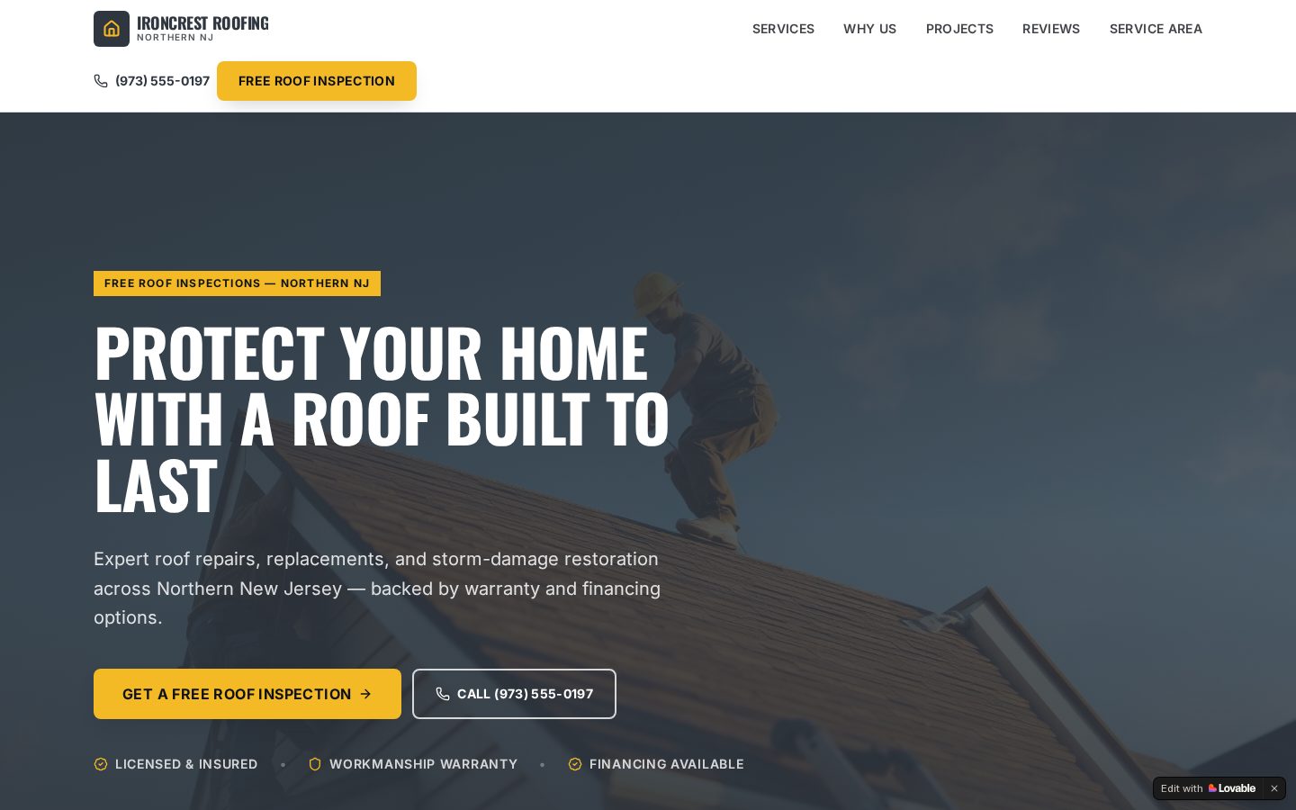 Homepage of the Ironcrest Roofing website — Roofing site by Jei Builds
