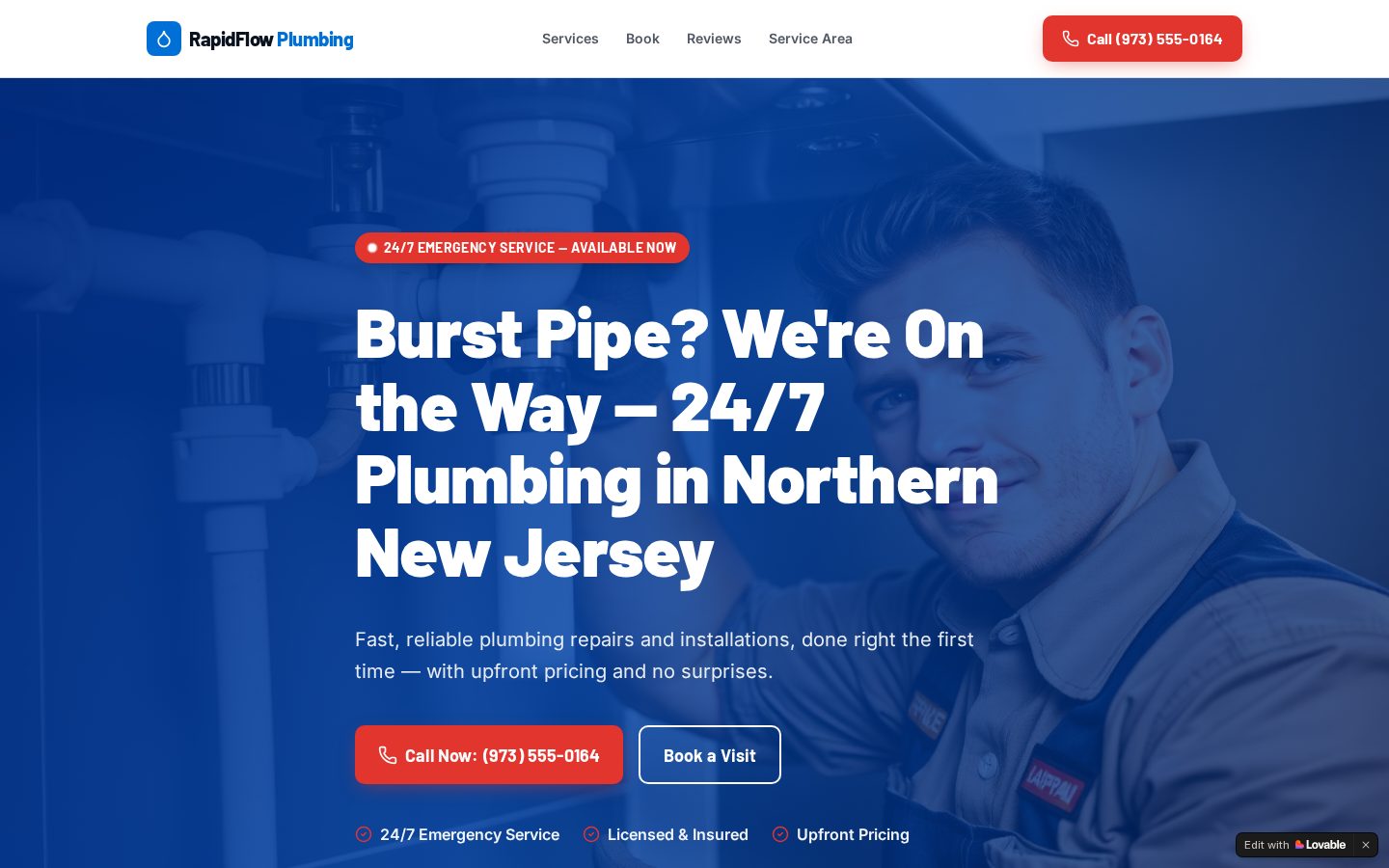 Homepage of the RapidFlow Plumbing website — Plumbing site by Jei Builds