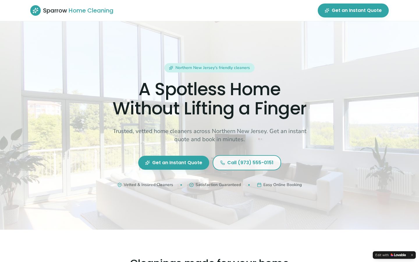 Homepage of the Sparrow Home Cleaning website — Home Cleaning site by Jei Builds